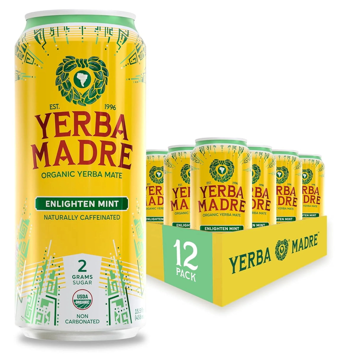 Yerba Madre Organic Yerba Mate, Energy Drink Alternative, Lower-Sugar Enlighten Mint, 150mg Plant Based Caffeine, Smooth Energy & Focus, No Jitters or Crash, 15.5oz Cans (Pack of 12)