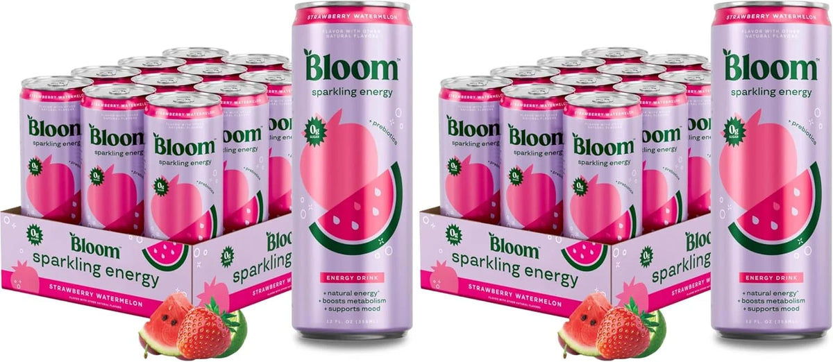 Bloom Nutrition Sparkling Energy Drink, Zero Sugar, 180mg Caffeine | Strawberry Watermelon | 12oz | 24 Pack | Antioxidant-Rich