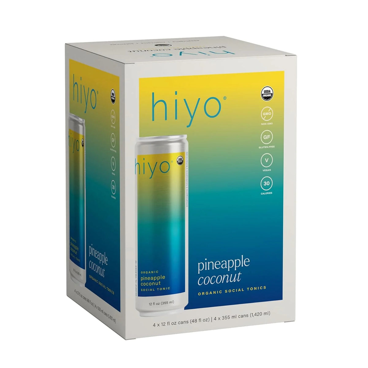 Hiyo Organic Social Tonic - Pineapple Coconut, 4 pack - N.A. Functional Seltzer, Sparkling Water Crafted with Organic Adaptogens, Nootropics & Botanicals