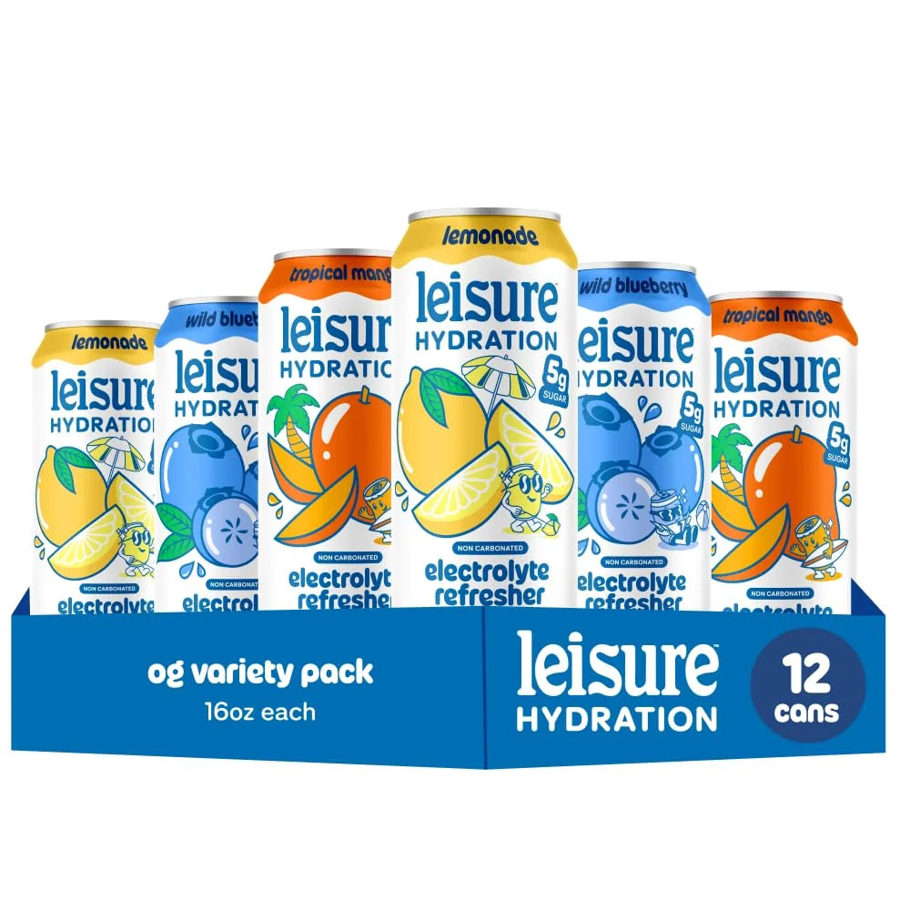 Leisure Hydration Non-Carbonated Electrolyte Refresher, Variety Pack - Low Sugar Nutrient Enhanced Water Beverage - Get The Best Hydration Packed w/ Magnesium & Ashwagandha For Mood & Stress Support, Non-GMO, 16 oz (12-Cans)