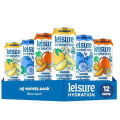 Leisure Hydration Non-Carbonated Electrolyte Refresher, Variety Pack - Low Sugar Nutrient Enhanced Water Beverage - Get The Best Hydration Packed w/ Magnesium & Ashwagandha For Mood & Stress Support, Non-GMO, 16 oz (12-Cans)