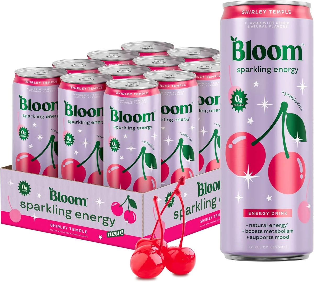 Bloom Nutrition Sparkling Energy Drink - Natural Caffeine, Zero Sugar, 180mg Caffeine - Antioxidant-Rich with Green Coffee Bean, Green Tea Extract, Prebiotics - Shirley Temple- 12oz 12 Pack