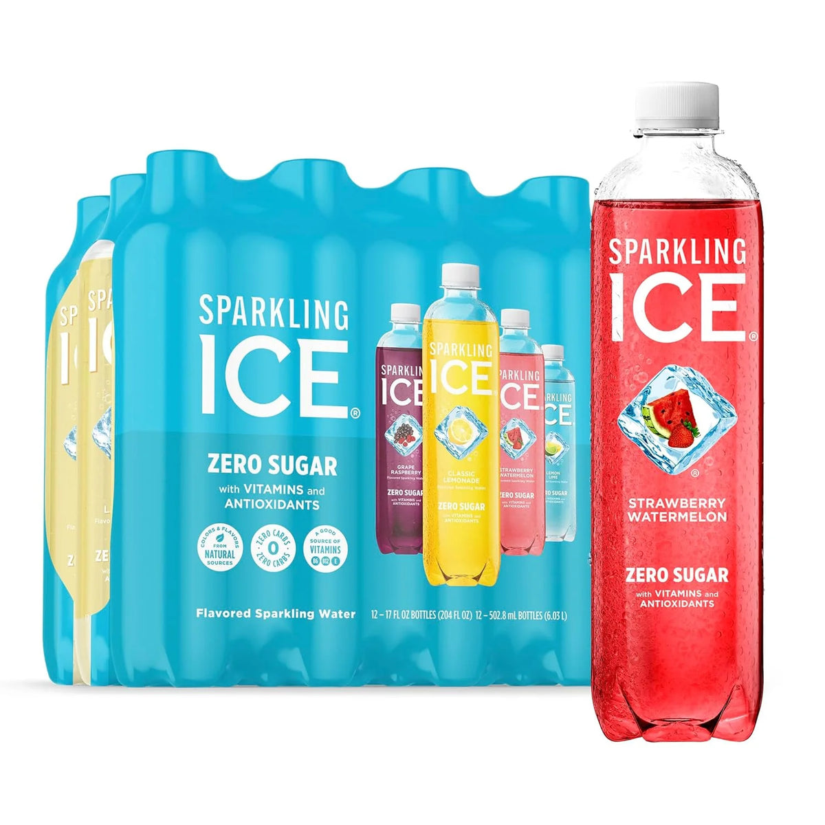 Sparkling Ice Blue Variety Pack, Zero Sugar Sparkling Water, with Vitamins and Antioxidants, 17 fl oz, 12 count (Classic Lemonade, Strawberry Watermelon, Grape Raspberry, Lemon Lime)