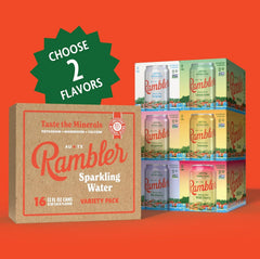 AUTX Rambler Sparkling Water, Texas Limestone Mineral Blend, Build Your Own Variety Pack - Pick Two Flavors - Two 8-Packs (16 Cans)