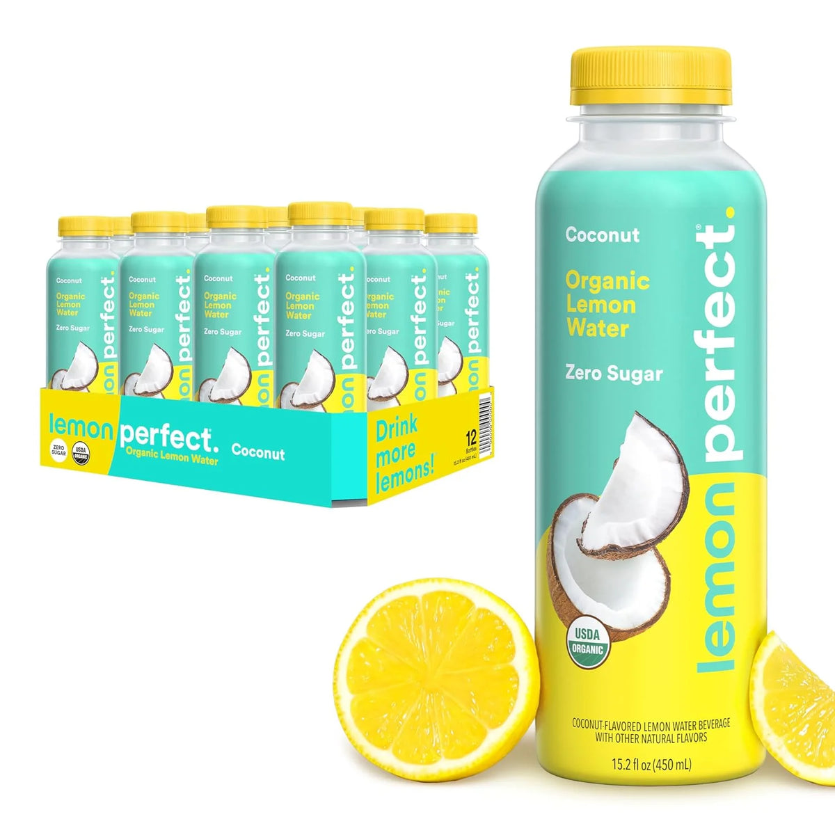 Lemon Perfect Coconut, Hydrating Flavored Lemon Water, Zero Sugar, Delicious and Refreshing, Organic, 15.2 fl oz Bottles (12-Pack)