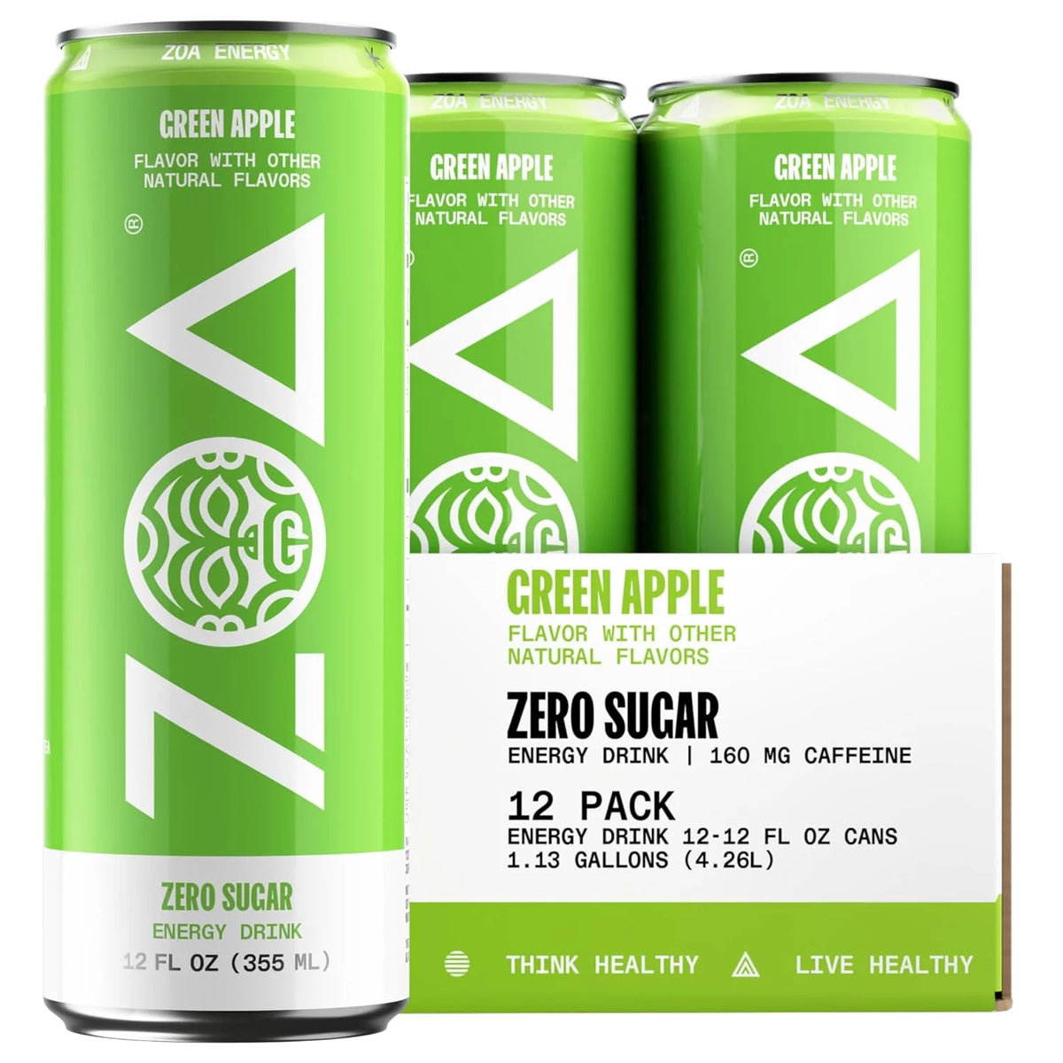 ZOA GREEN APPLE Sugar Free, Low Calorie Energy Drinks | Healthy B & C Vitamins | Electrolytes for Hydration | 160mg Caffeine from Green Tea | 12 Fl Oz Cans (12 Pack)
