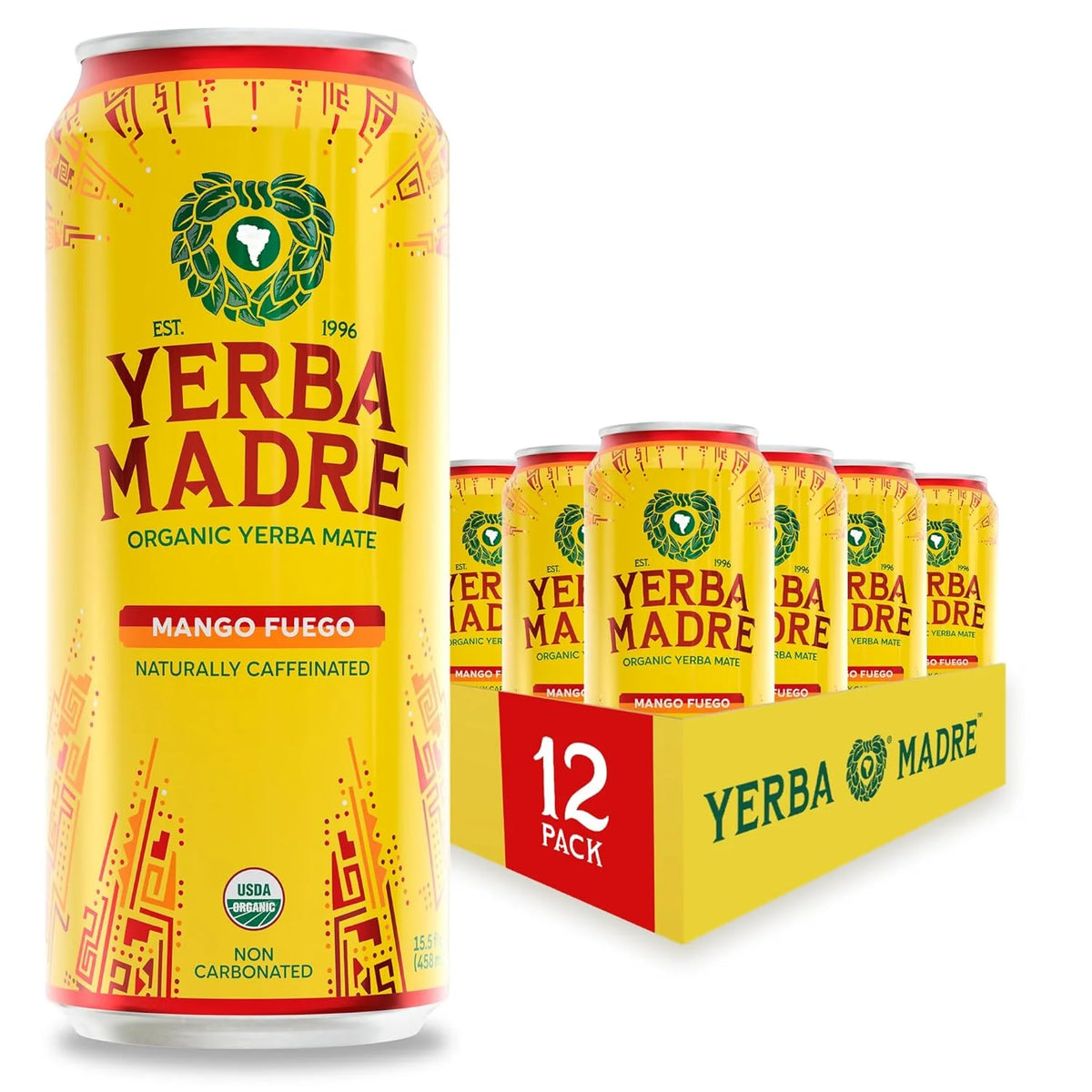 Yerba Madre Organic Yerba Mate, Energy Drink Alternative, Limited Edition Mango Fuego, 150mg Plant Based Caffeine, Smooth Energy & Focus, No Jitters or Crash, 15.5oz Cans (Pack of 12)