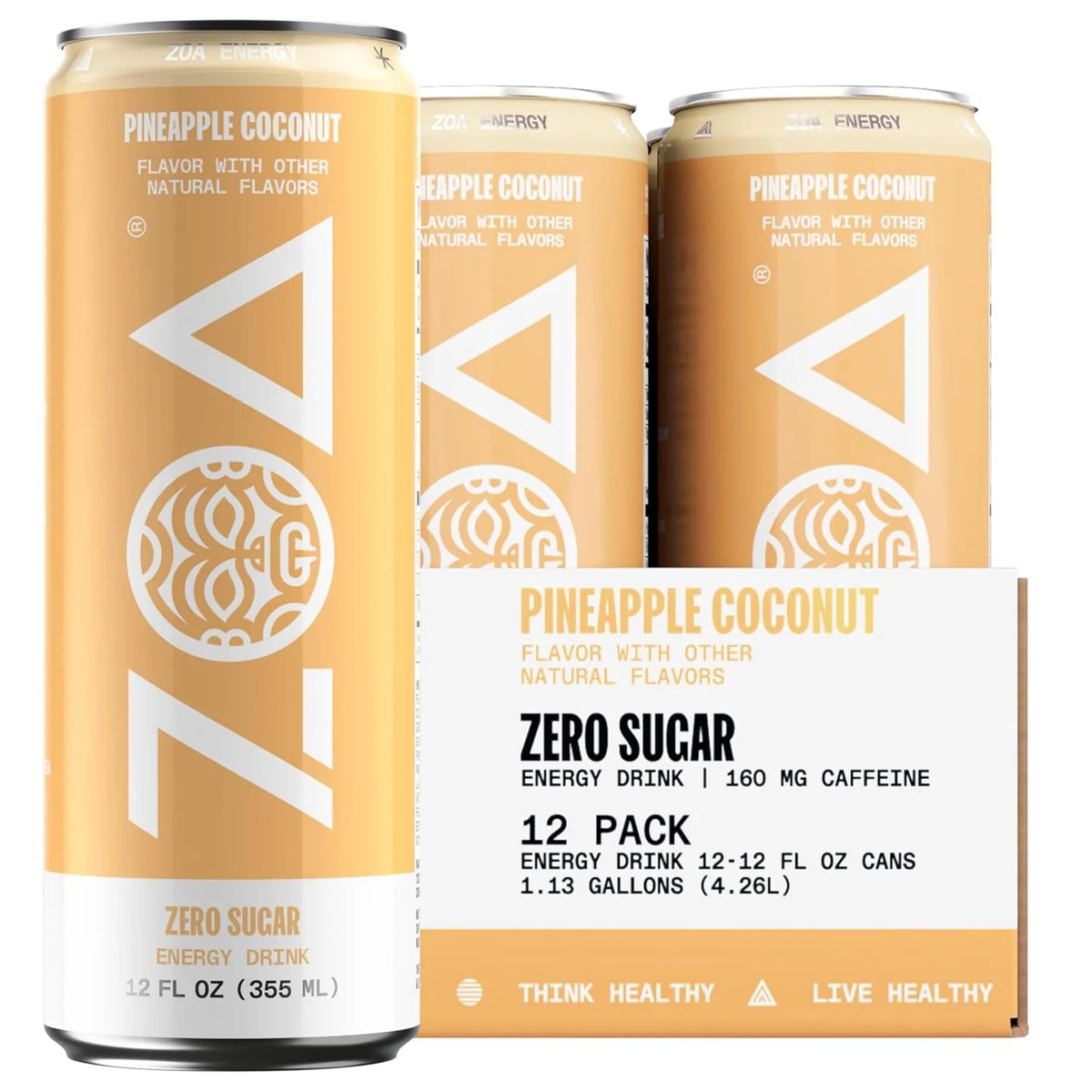 ZOA Zero Sugar Energy Drinks - Pineapple Coconut | Healthy Energy Formula with Natural Caffeine, Daily Vitamin C, Essential B-Vitamins | Gluten-Free, Keto Friendly | 12 Ounce Cans (Pack Of 12)