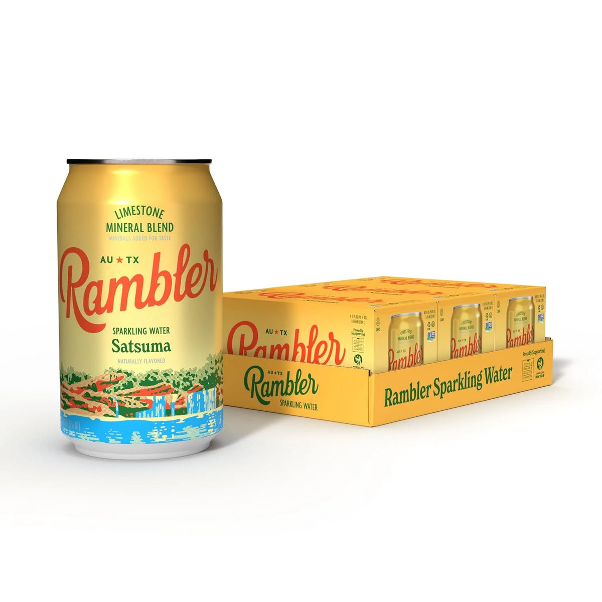 AUTX RAMBLER Sparkling Water, Texas Limestone Mineral Blend, Satsuma Flavor, 12-Ounce Cans, Three 8-Packs (24 Cans)
