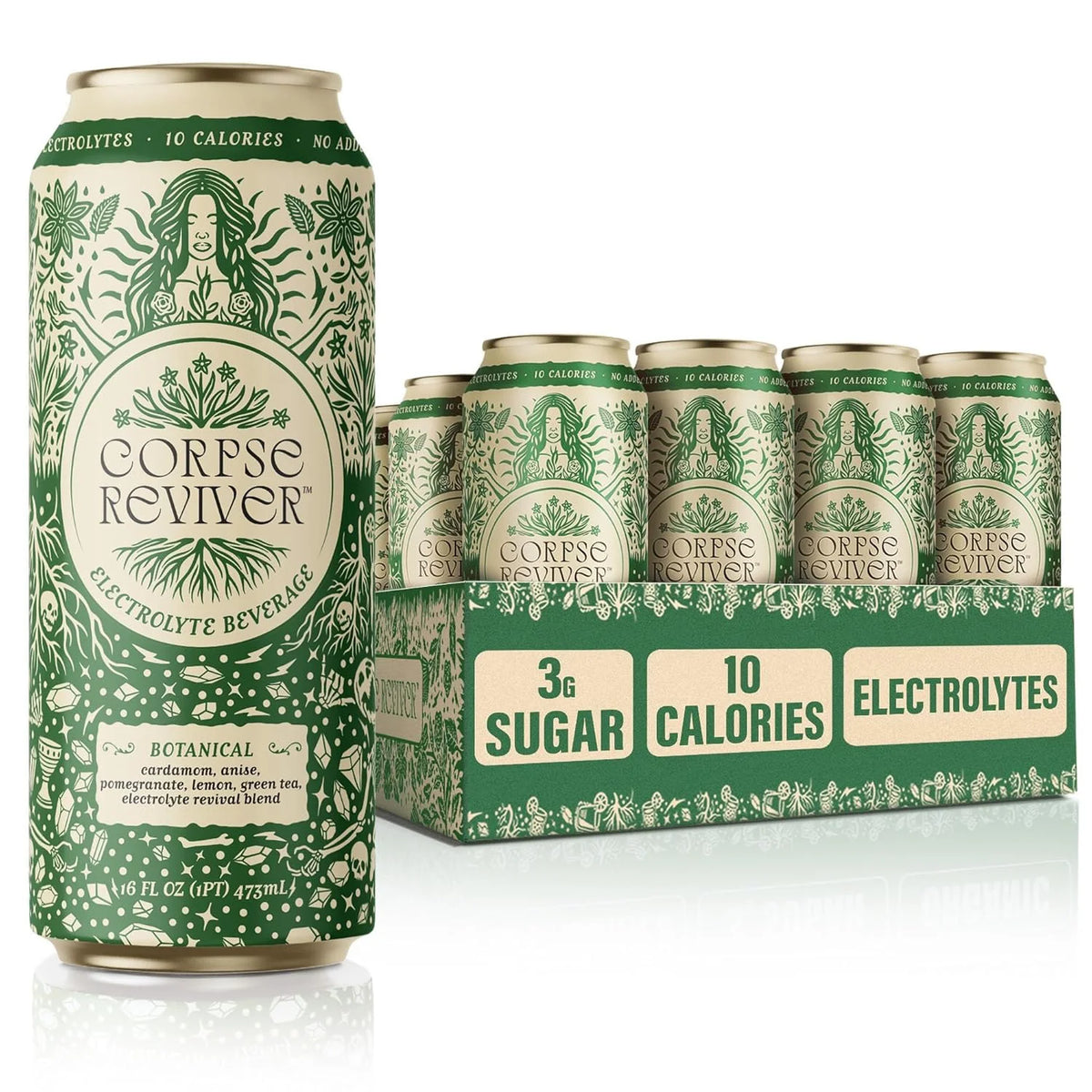 Corpse Reviver: Electrolyte Hydration Drink | Organic, Non-Alcoholic, 175mg Magnesium, 325mg Potassium, 75mg L-Theanine, 20mg Zinc, 20mg Sodium (Canned Flavored Sparkling Water), Botanical 12-Pack