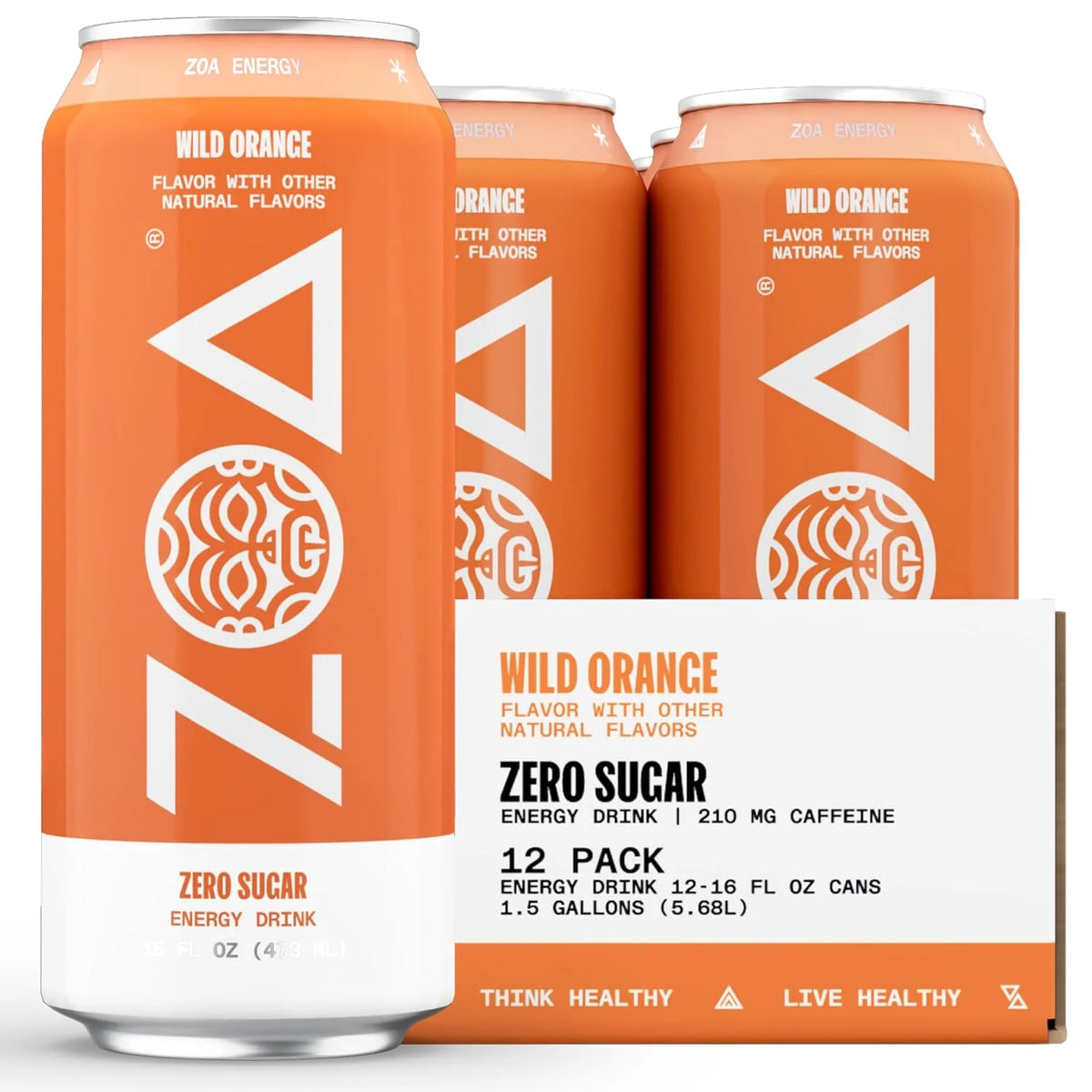 ZOA Zero Sugar Energy Drinks - Wild Orange | Healthy Energy Formula with Natural Caffeine, Daily Vitamin C, Essential B-Vitamins | Gluten-Free, Keto Friendly | 16 Ounce Cans (Pack Of 12)