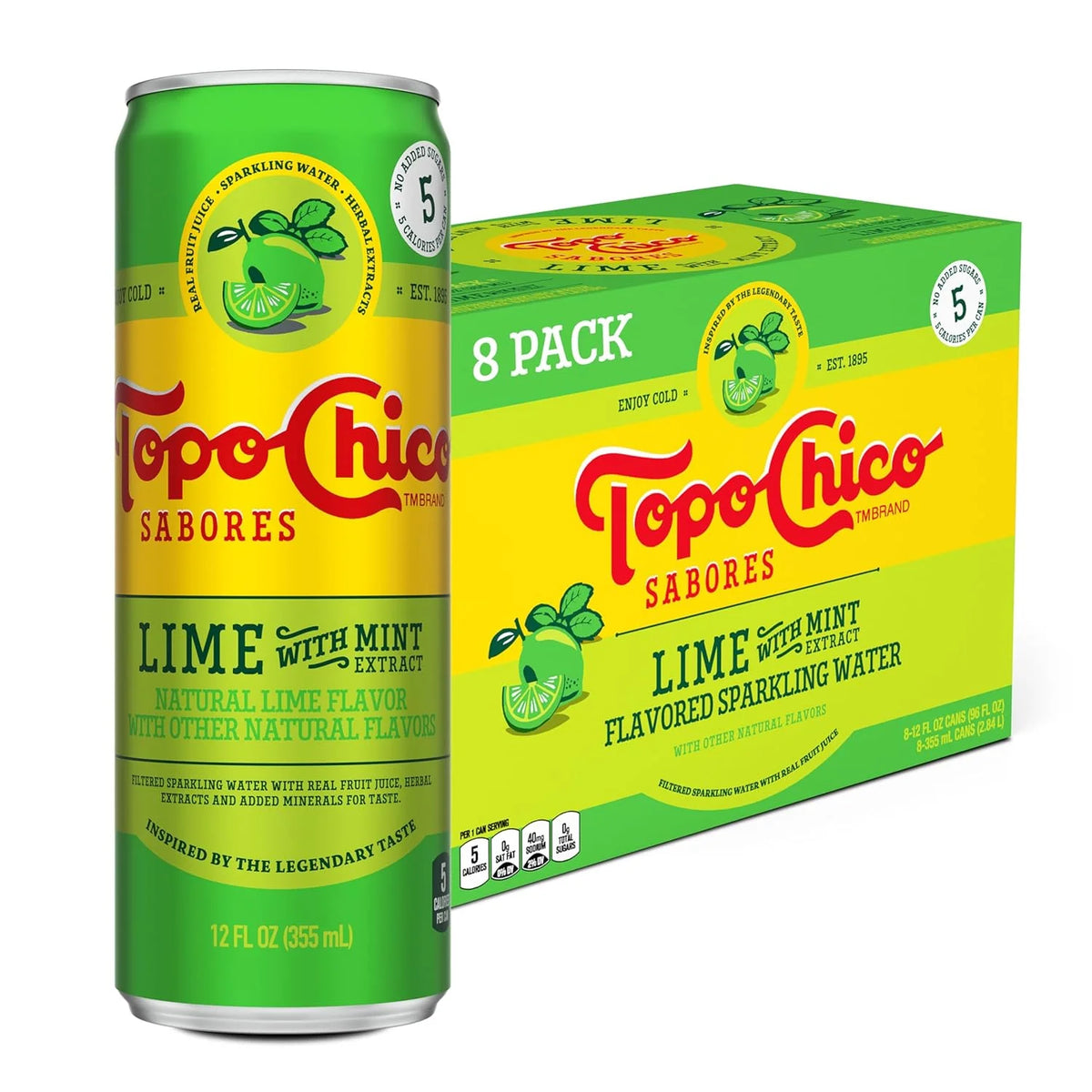 Topo Chico Sabores Lime with Mint Extract Flavored Sparkling Water, 12 fl oz Portable Cans, 8 Pack