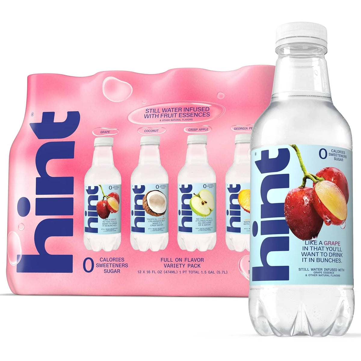 Hint Fruit-Infused Bottled Water, 4-Flavor Full On Flavor Variety Pack - Sugar Free Flavored Water with Zero Calories, Natural Fruit Essences, and No Artificial Sweeteners - 16 Fl Oz (Pack of 12)