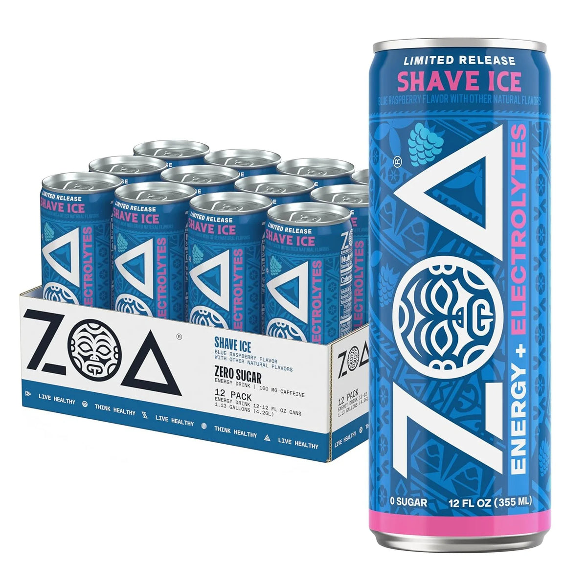 ZOA Sugar Free Energy Drink with Electrolytes, Blue Raspberry Shave Ice, Vitamin C, B Vitamins + Amino Acids, 160 mg Green Tea Caffeine, Zero Sugar, 12 oz Cans, 12 Pack