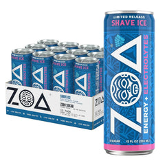 ZOA Sugar Free Energy Drink with Electrolytes, Blue Raspberry Shave Ice, Vitamin C, B Vitamins + Amino Acids, 160 mg Green Tea Caffeine, Zero Sugar, 12 oz Cans, 12 Pack