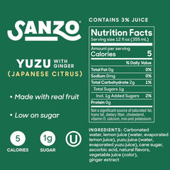Sanzo Flavored Sparkling Water - Yuzu Lemon Seltzer (with Ginger) - Low Calorie Low Sugar Soda - Craft Asian Drinks - Vegan Gluten Free Carbonated Flavored Water - Fizzy Healthy Drinks - 12oz, 12 Pack