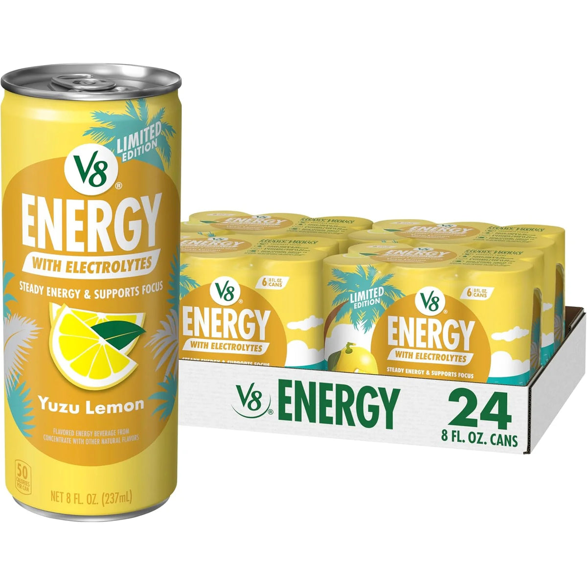 V8 Energy Yuzu Lemon Energy Drink, 8 fl oz Can, 6 pack (Case of 4)