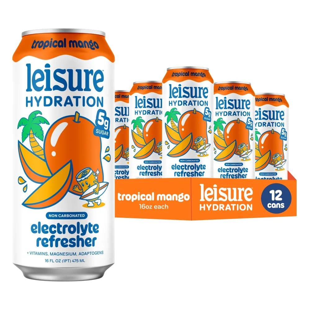 Leisure Hydration Non-Carbonated Electrolyte Refresher, Tropical Mango Flavor - Low Sugar Nutrient Enhanced Water Beverage - Get The Best Hydration Packed w/ Magnesium & Ashwagandha For Mood & Stress Support, Non-GMO, 16 oz (12-Cans)