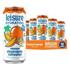 Leisure Hydration Non-Carbonated Electrolyte Refresher, Tropical Mango Flavor - Low Sugar Nutrient Enhanced Water Beverage - Get The Best Hydration Packed w/ Magnesium & Ashwagandha For Mood & Stress Support, Non-GMO, 16 oz (12-Cans)