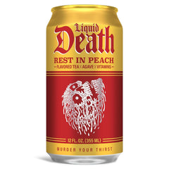 Liquid Death Iced Tea - Rest In Peach (Peach-Flavored Black Tea), Less Sugar*, Boost of Caffeine, B Vitamins, No Artificial Sweeteners, 12 Fl Oz (Pack of 12)