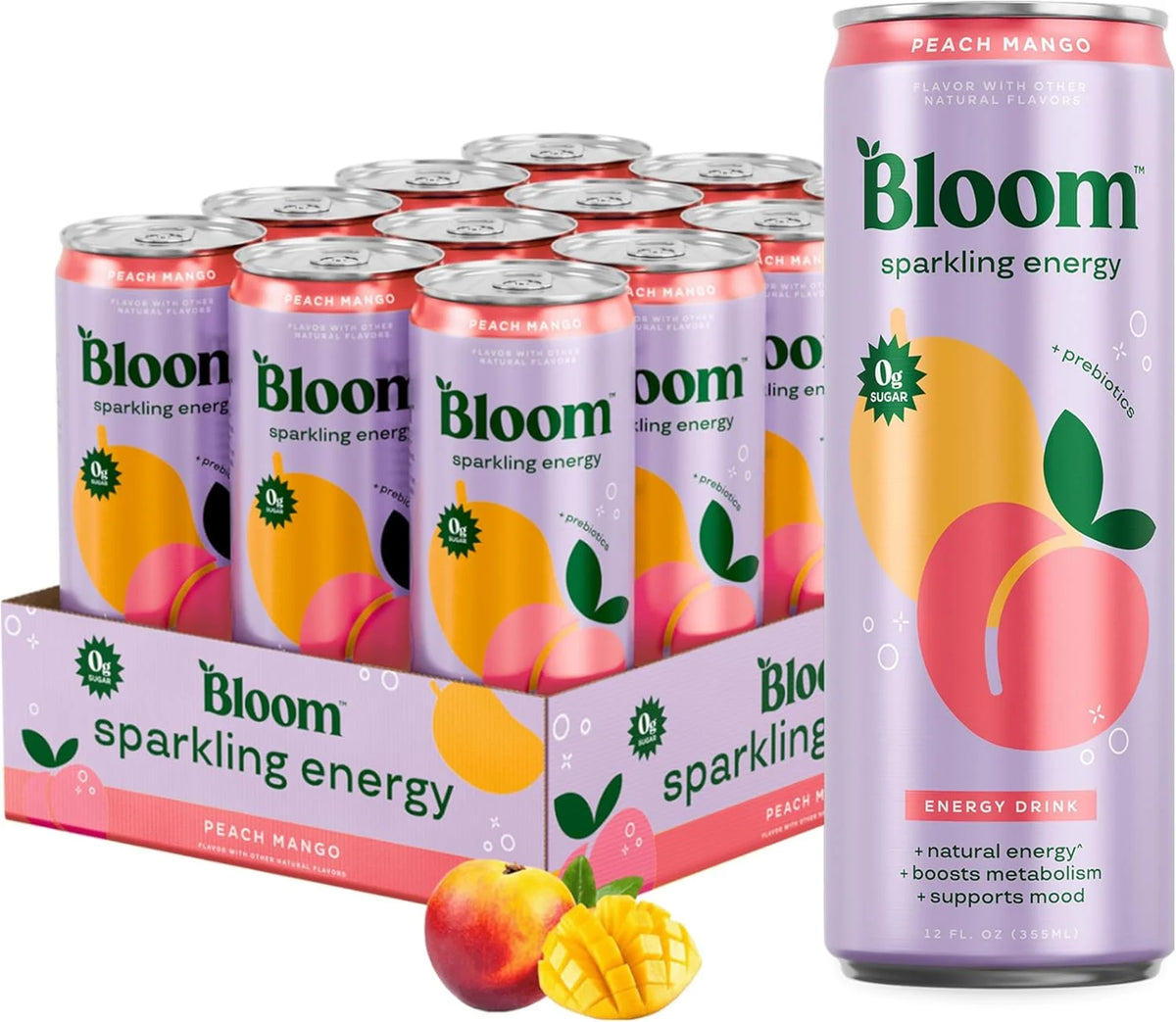Bloom Nutrition Sparkling Energy Drink - Natural Caffeine, Zero Sugar, 180mg Caffeine - Antioxidant-Rich w/Green Coffee Bean, Green Tea Extract, Prebiotics - 12oz 12 pk