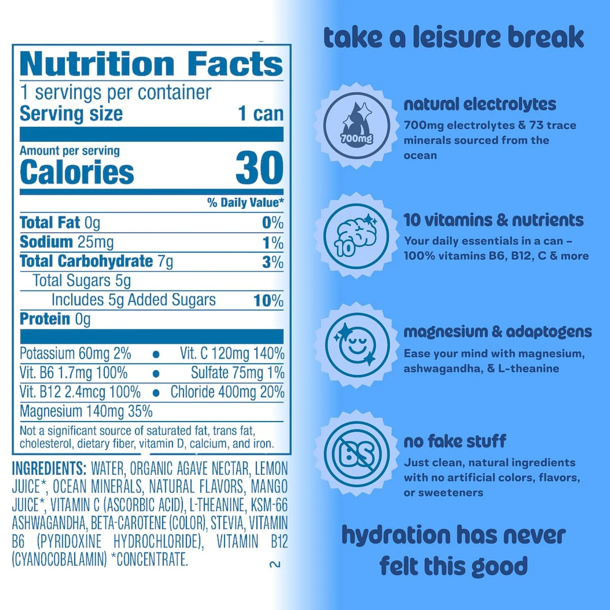 Leisure Hydration Non-Carbonated Electrolyte Refresher, Wild Blueberry Flavor - Low Sugar Nutrient Enhanced Water Beverage - Get The Best Hydration Packed w/ Magnesium & Ashwagandha For Mood & Stress Support, Non-GMO, 16 oz (12-Cans)