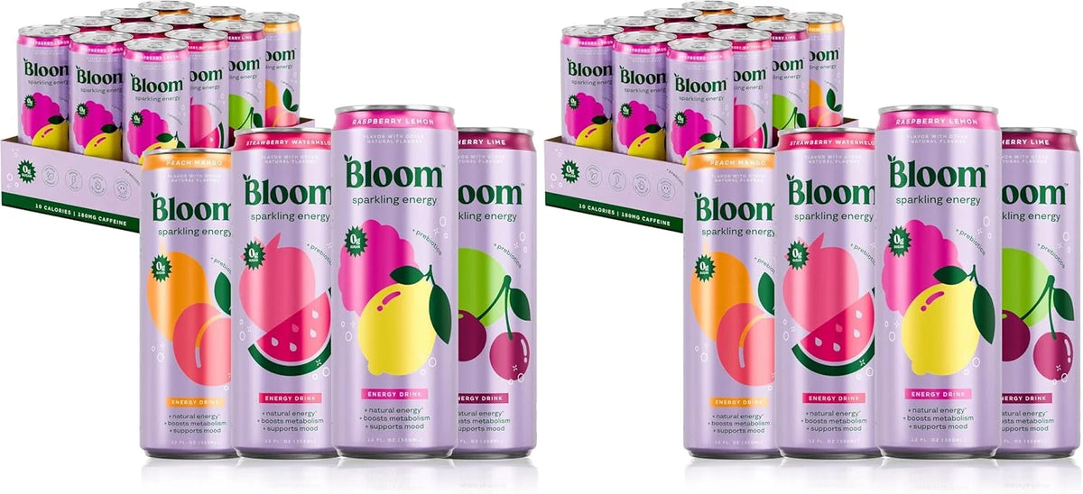 Bloom Nutrition Sparkling Energy Drink, Variety Pack | Zero Sugar | 180mg Caffeine | Antioxidant-Rich | 24 Pack