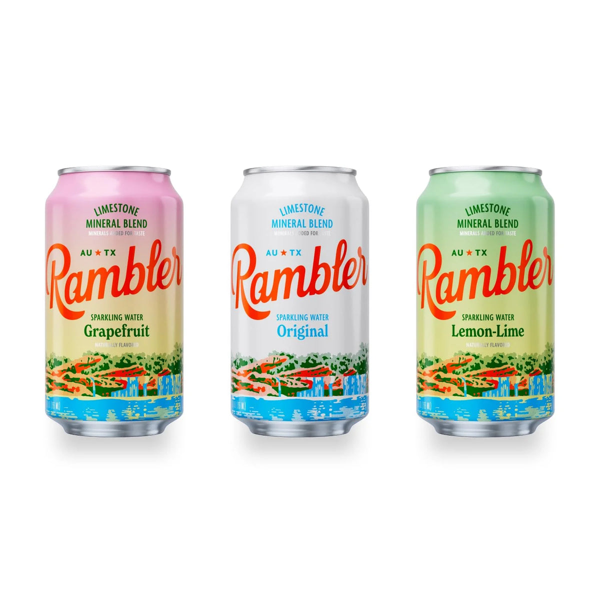 AUTX RAMBLER Sparkling Water, Texas Limestone Mineral Blend, Variety Pack (Original, Lemon-Lime, Grapefruit), 12-Ounce Cans, One 8-Pack Each x 3 Flavors (24 Cans Total)