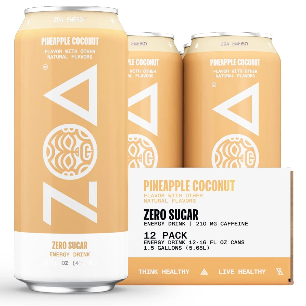 ZOA Zero Sugar Energy Drinks - Pineapple Coconut | Healthy Energy Formula with Natural Caffeine, Daily Vitamin C, Essential B-Vitamins | Gluten-Free, Keto Friendly | 16 Ounce Cans (Pack Of 12)