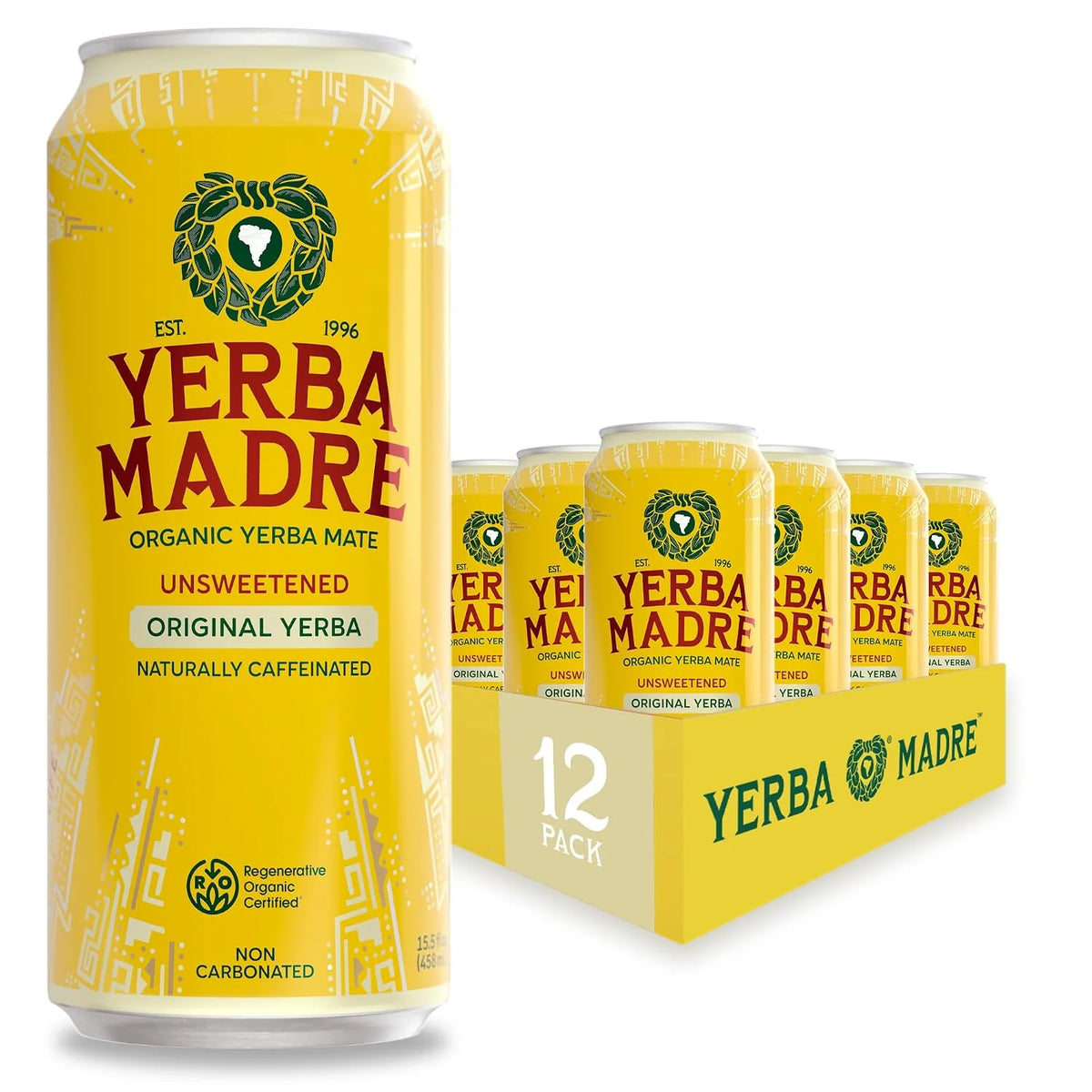 Yerba Madre Organic Yerba Mate, Energy Drink Alternative, Unsweetened Original Yerba, 150mg Plant Based Caffeine, Smooth Energy & Focus, No Jitters or Crash, 15.5oz Cans (Pack of 12)