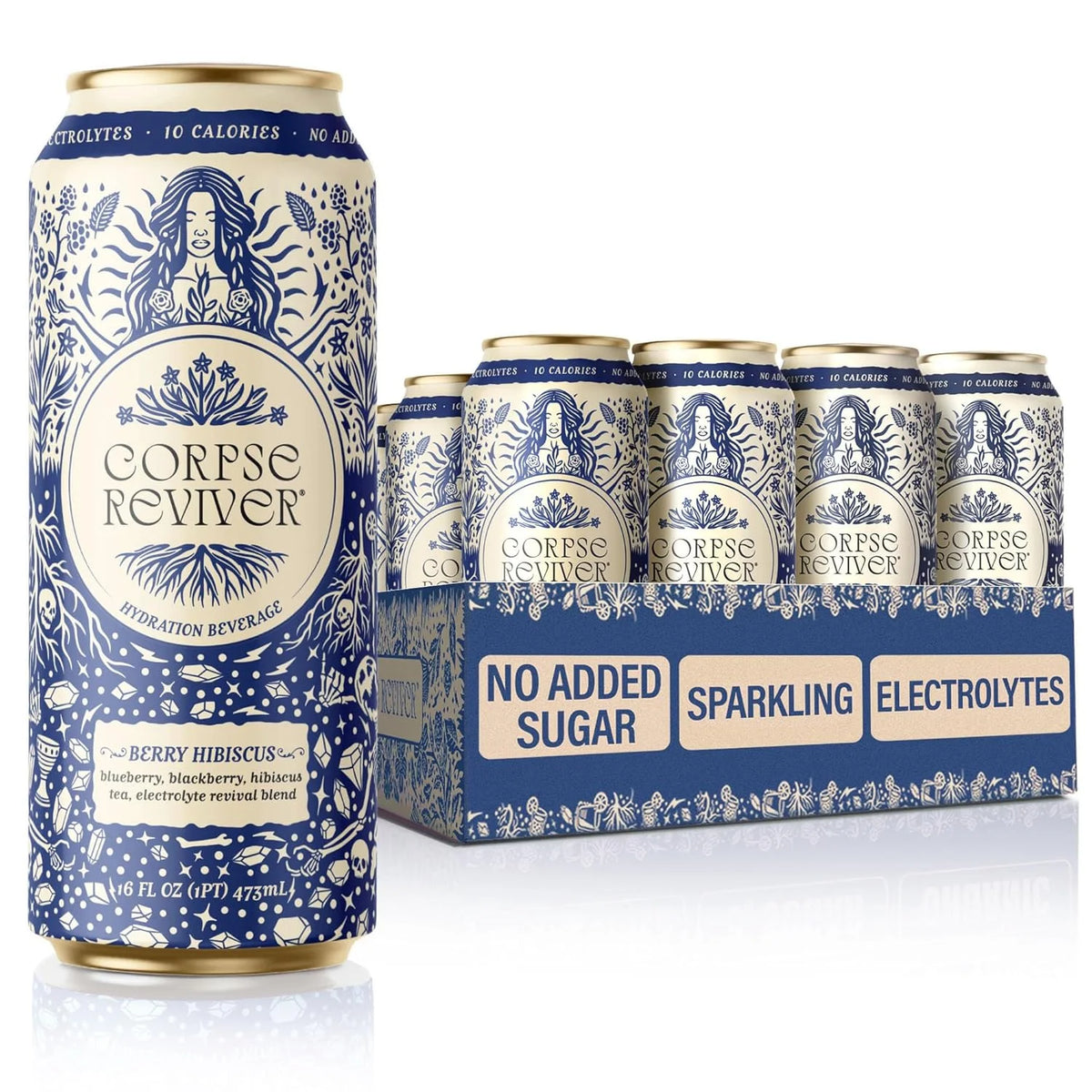 Corpse Reviver: Electrolyte Hydration Drink | Organic, Non-Alcoholic, 175mg Magnesium, 325mg Potassium, 75mg L-Theanine, 20mg Zinc, 20mg Sodium (Canned Flavored Sparkling Water), Berry Hibiscus 12-Pack