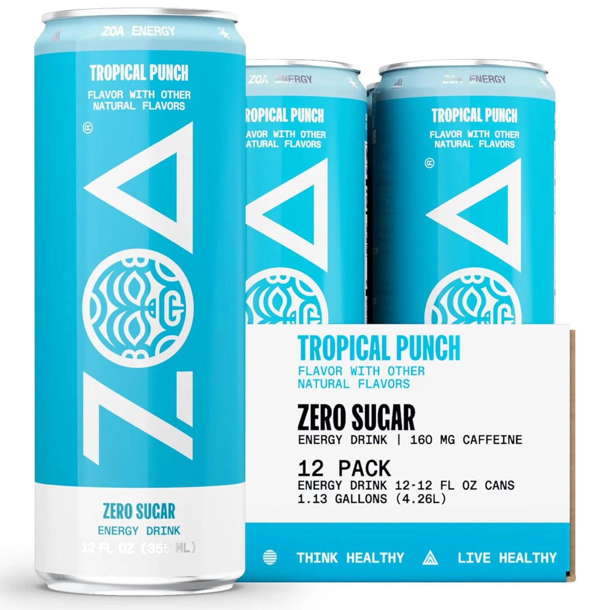 ZOA Zero Sugar Energy Drinks - Tropical Punch | Healthy Energy Formula with Natural Caffeine, Daily Vitamin C, Essential B-Vitamins | Gluten-Free, Keto Friendly | 12 Ounce Cans (Pack Of 12)