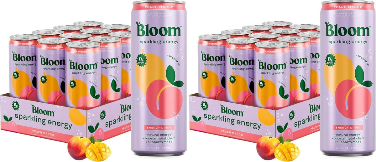 Bloom Nutrition Sparkling Energy Drink, Peach Mango | Zero Sugar | 180mg Caffeine | For Focus | 24 Pack
