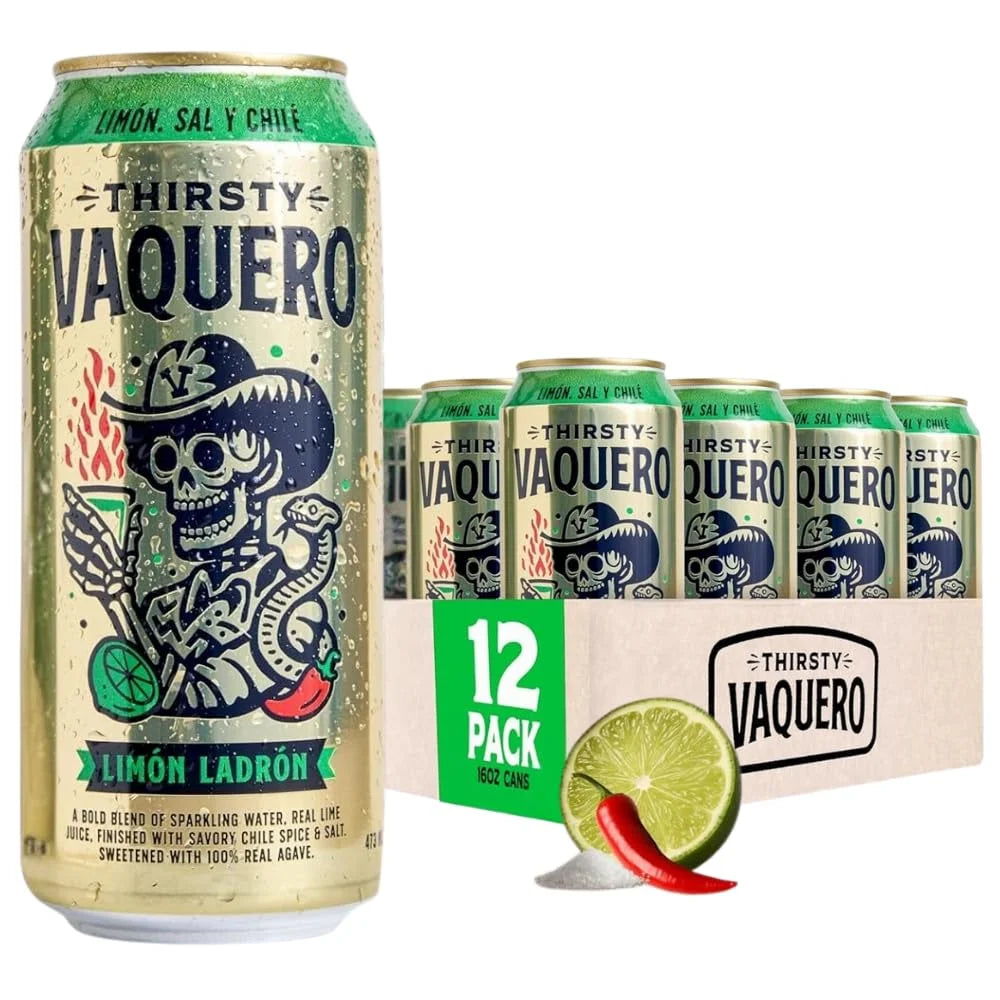 Thirsty Vaquero, Lime, Salt & Chile Flavored soda (Limon Ladron), Mexican-inspired soda, Real Fruit Juice & Savory Spices, Made with Organic Agave, Low Calorie, Natural Juice, 16 oz Cans, 12-Pack