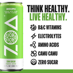 ZOA GREEN APPLE Sugar Free, Low Calorie Energy Drinks | Healthy B & C Vitamins | Electrolytes for Hydration | 160mg Caffeine from Green Tea | 12 Fl Oz Cans (12 Pack)