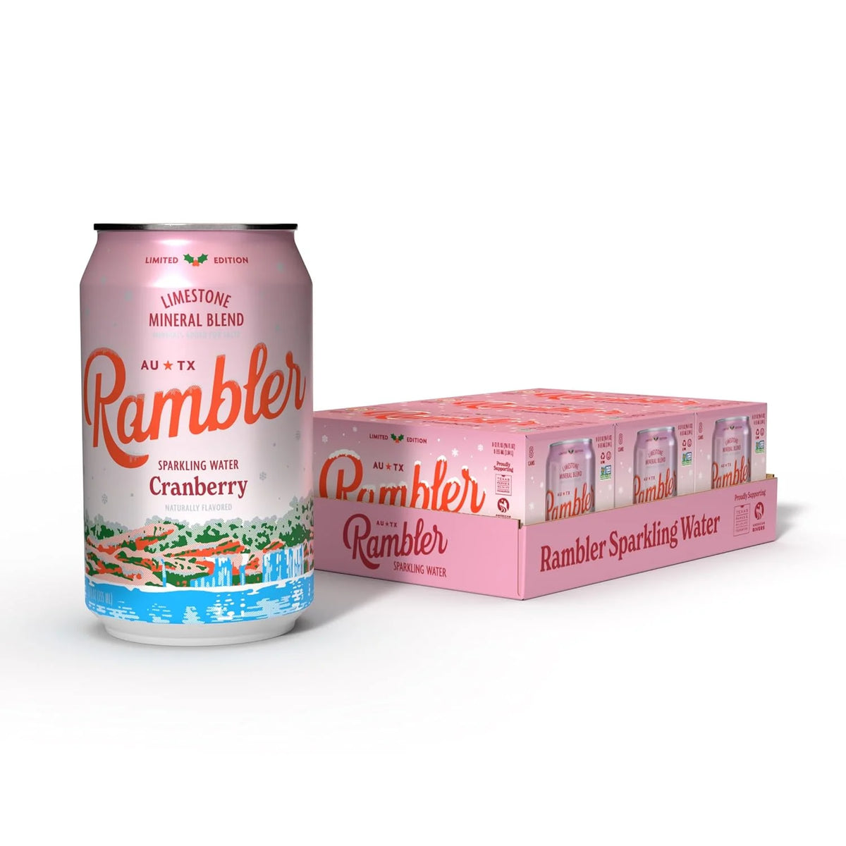 AUTX RAMBLER Sparkling Water, Texas Limestone Mineral Blend, Cranberry Flavor, Limited Edition, 12-Ounce Cans, Three 8-Packs (24 Cans)