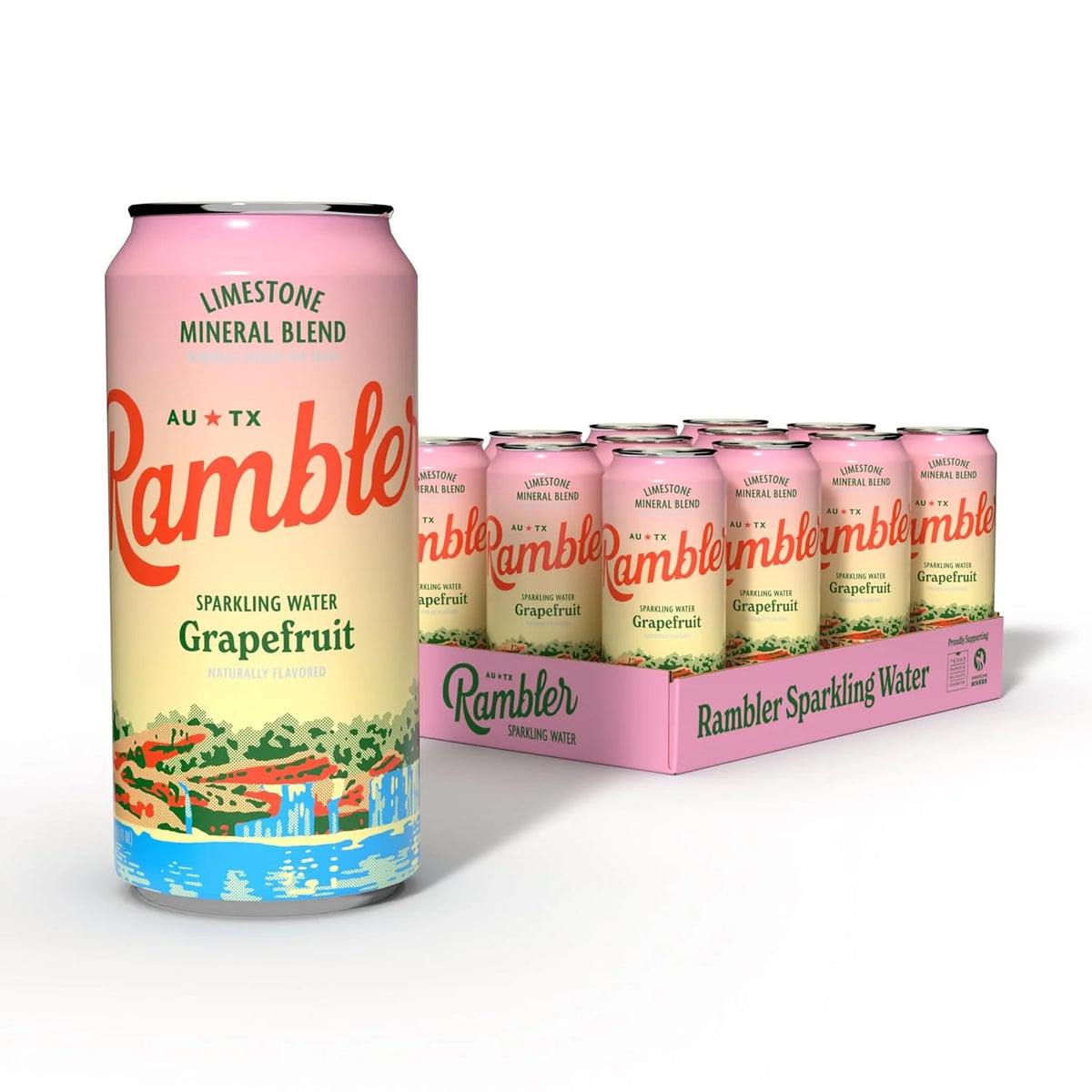 AUTX RAMBLER Sparkling Water, Texas Limestone Mineral Blend, Grapefruit Flavor, 16-Ounce Tallboy Cans, 12-Pack