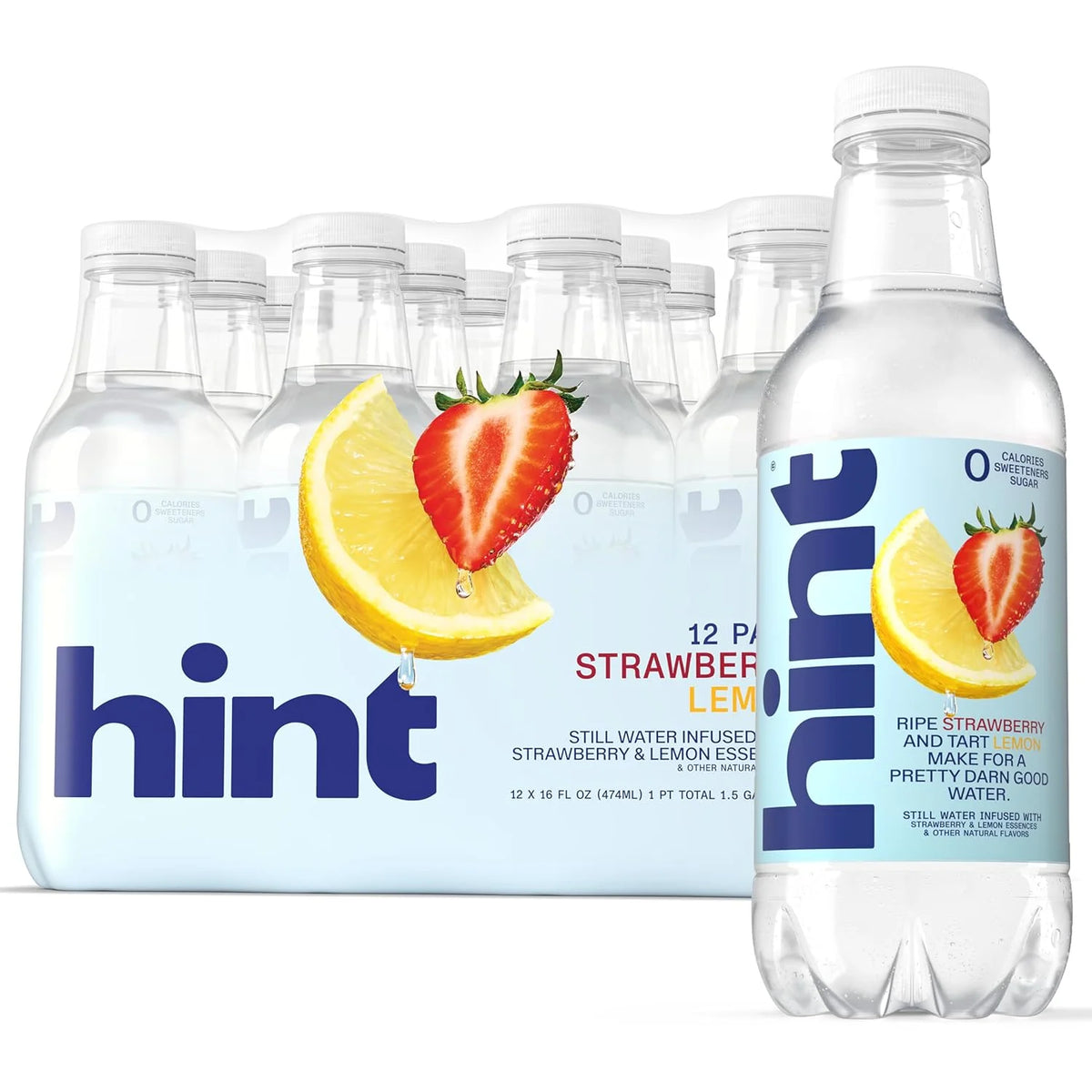 Hint Fruit-Infused Bottled Water, Strawberry Lemon - Sugar Free Flavored Water with Zero Calories, Natural Fruit Essences, and No Artificial Sweeteners - 16 Fl Oz (Pack of 12)